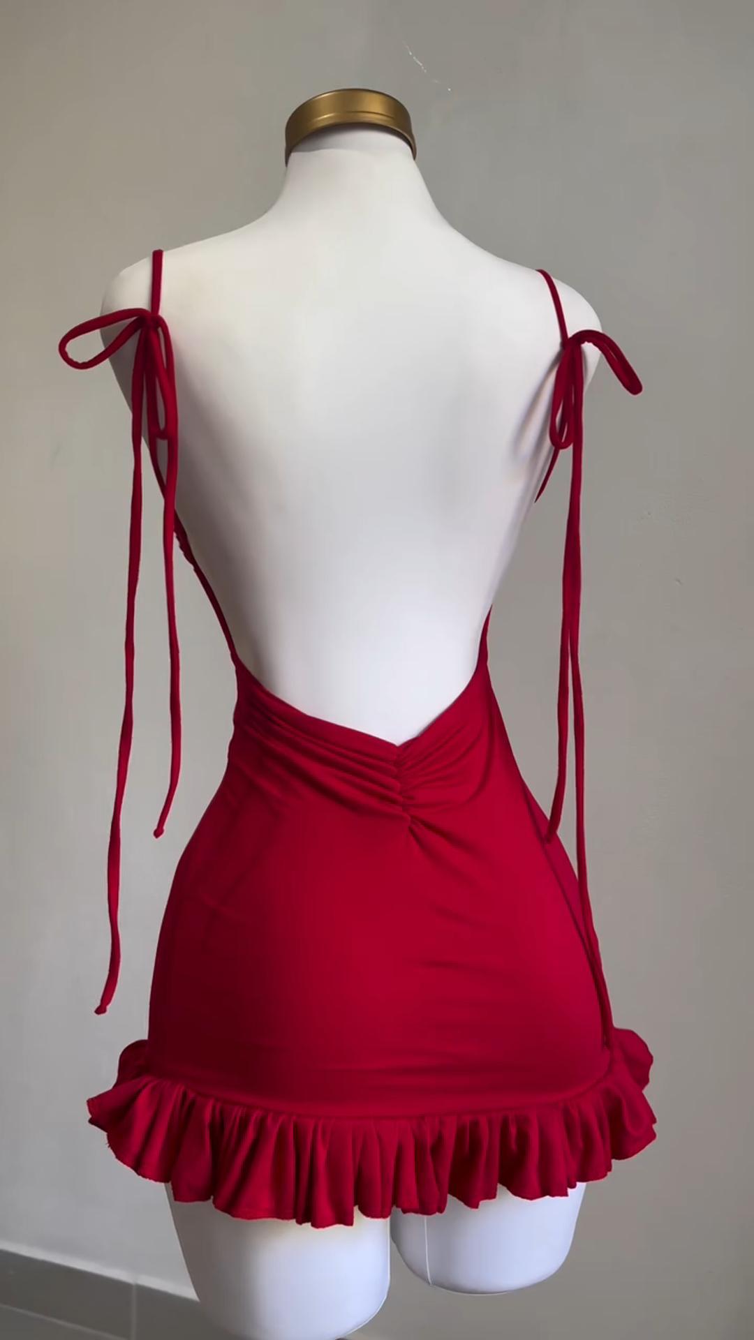 Red Ruffled Slit Satin Mini Dress