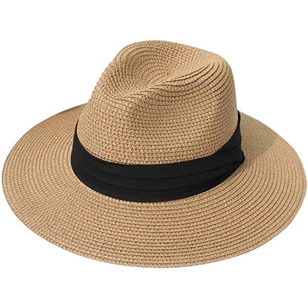 Wide Brim Straw Panama Roll up Hat Belt Buckle Fedora Beach Sun Hat