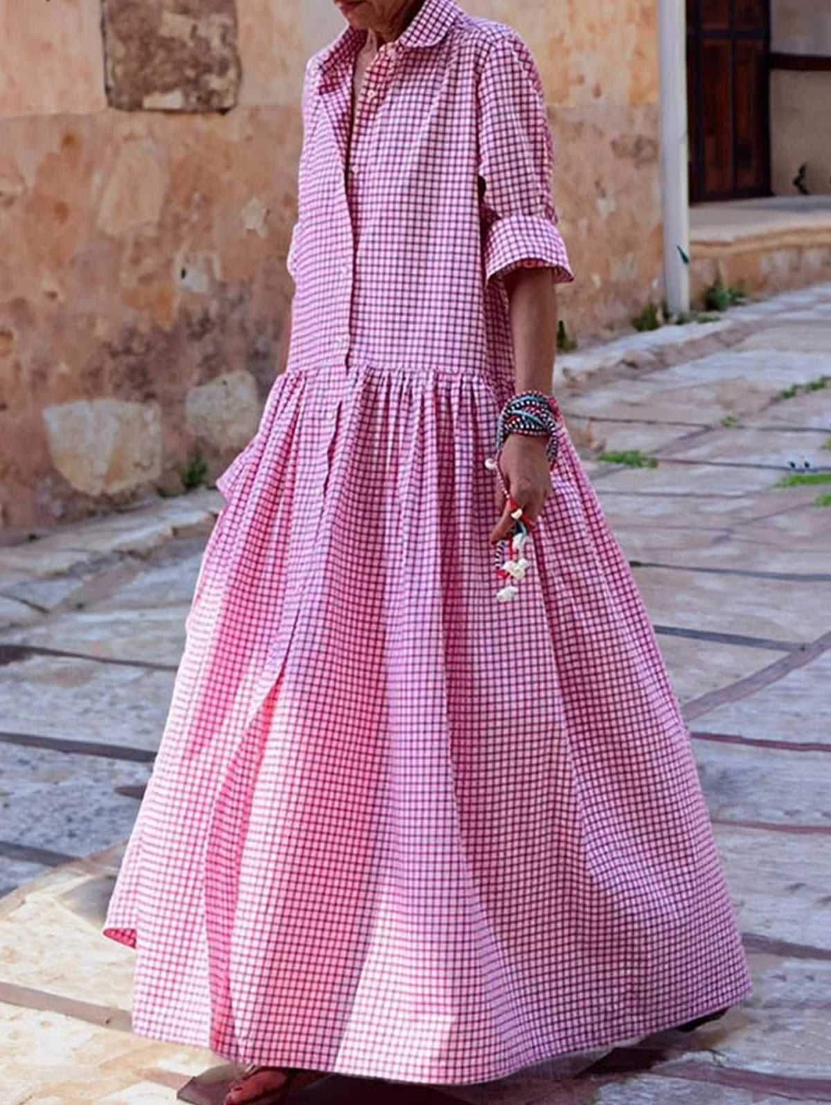 Plaid Button Lapel Collar A-Line Loose Casual Maxi Dress