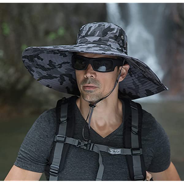 Men Wide Brim Sun Hats UPF50+ Waterproof Breathable Bucket Hat for Fishing, Hiking, Camping C06-army Green Ink