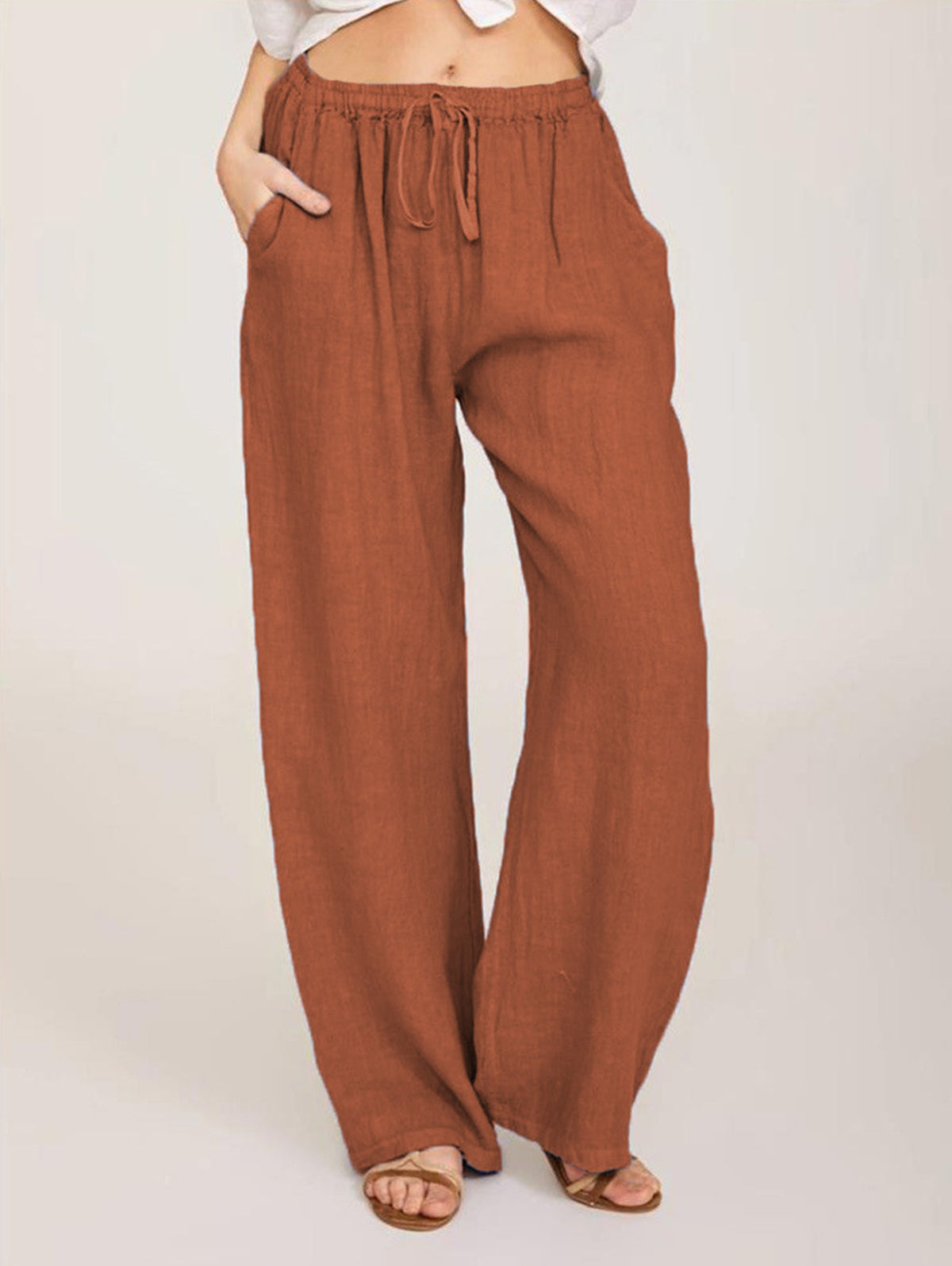 Casual Plain Drawstring Elastic Waist Straight Leg Pants