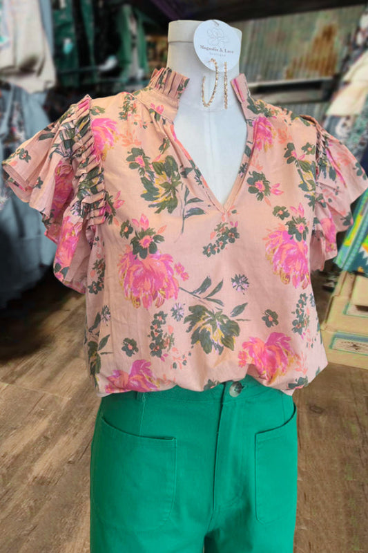 Floral Print V-Neck Ruffle Sleeve Top