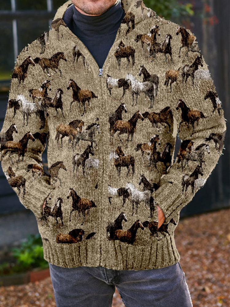 Men's Vintage Western Wild Horses Pattern Cozy Hooded Cardigan