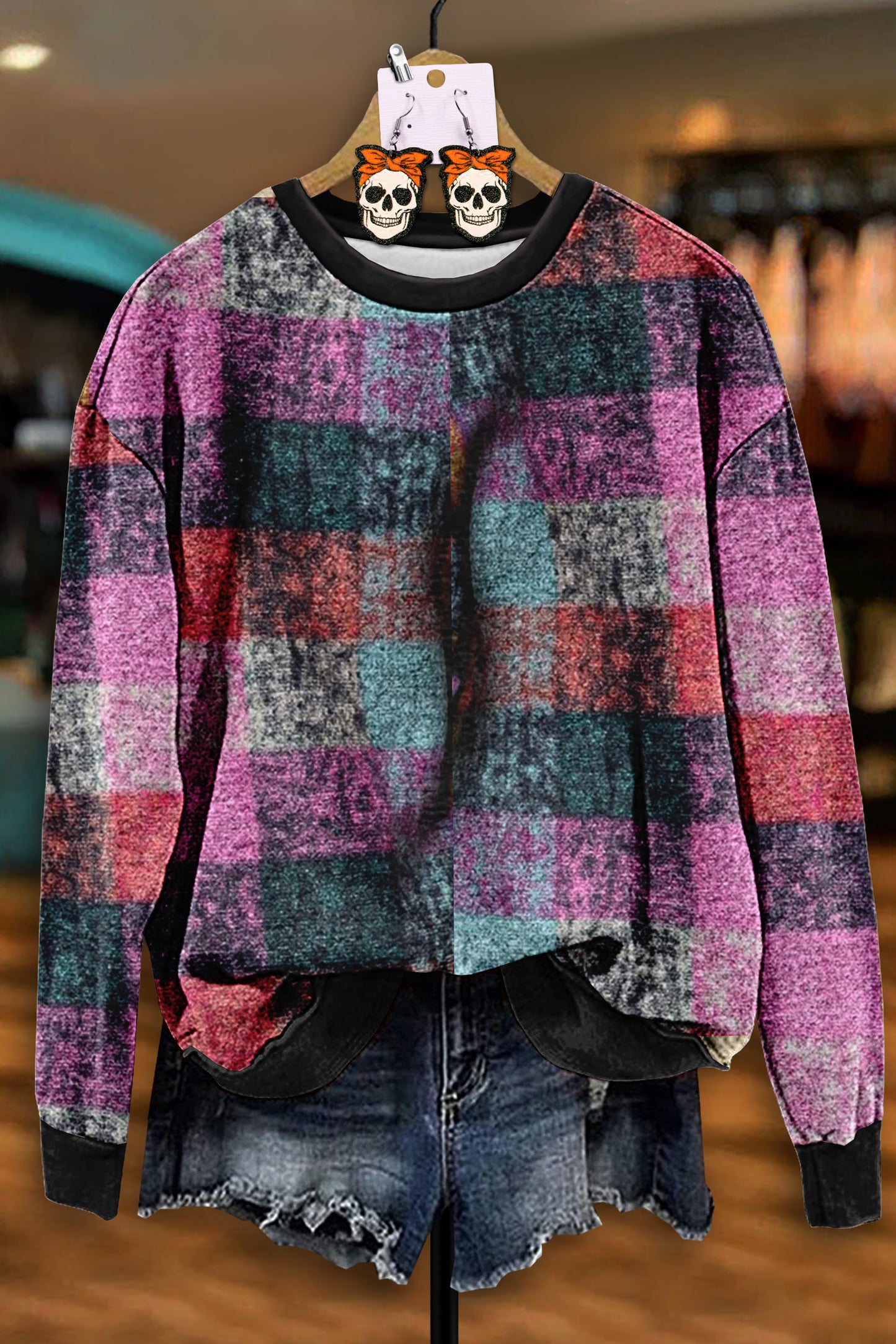 Retro Western Plaid Print Sweatshirt