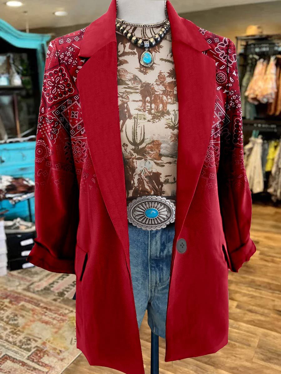 Women's Red Paisley Print 3/4 Sleeve Casual Blazer