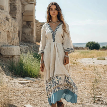 Retro Greek Key V Neck Linen Blend Maxi Dress