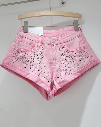 Retro Hot Rhinestone Curled A-Line Wide-Leg Shorts