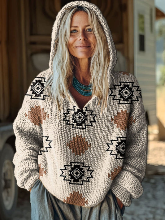 Tribal-Aztec Art Print Knit Pullover Hooded Sweater