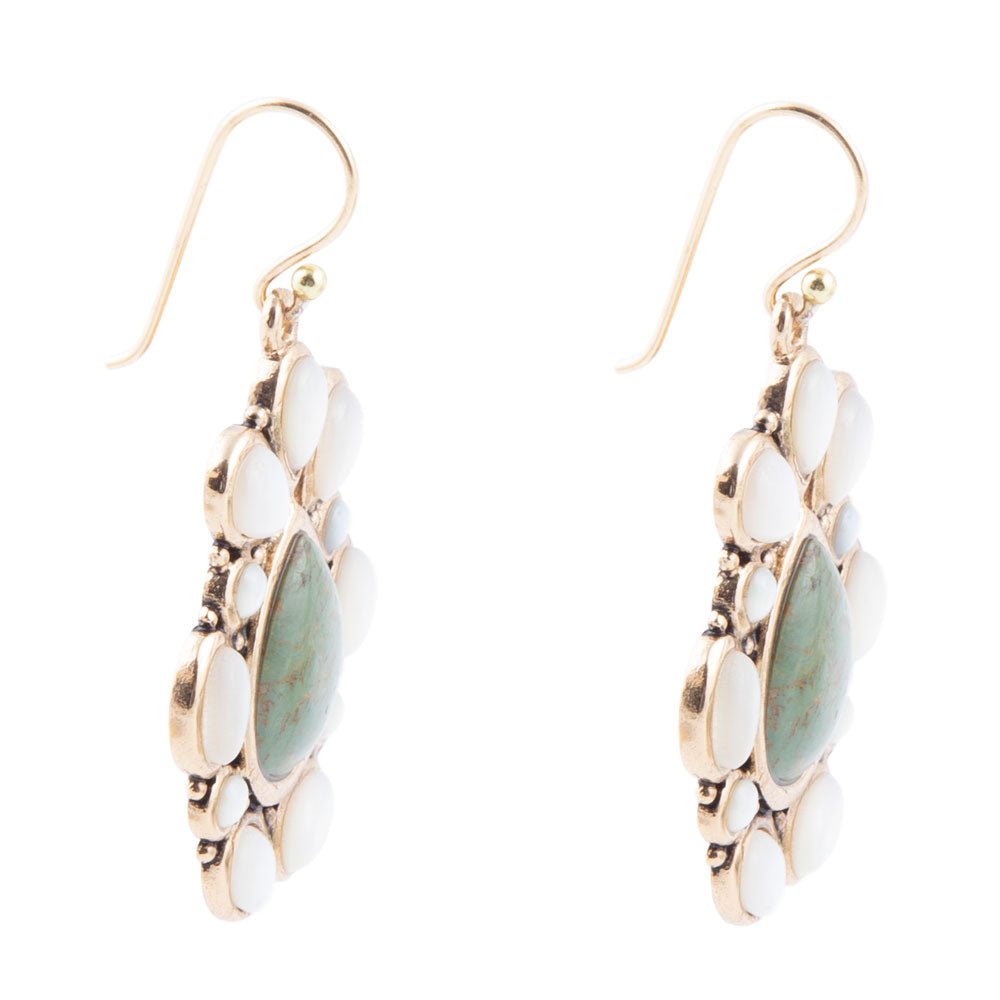 Green Turquoise and White Mother of Pearl Golden Bronze Drop Earrings