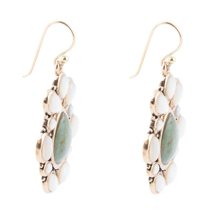 Green Turquoise and White Mother of Pearl Golden Bronze Drop Earrings