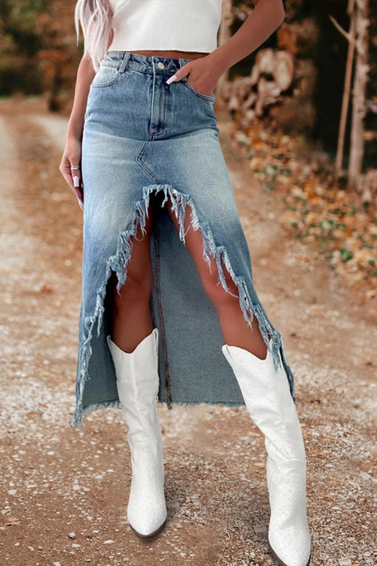 High Waist Irregular Raw Edge Denim Skirt