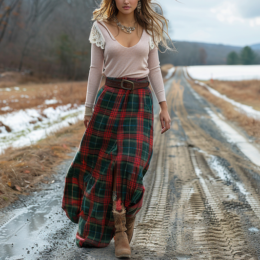 Women's Retro Plaid V-neck Long-sleeved Long Skirt Pastoral Style Dress