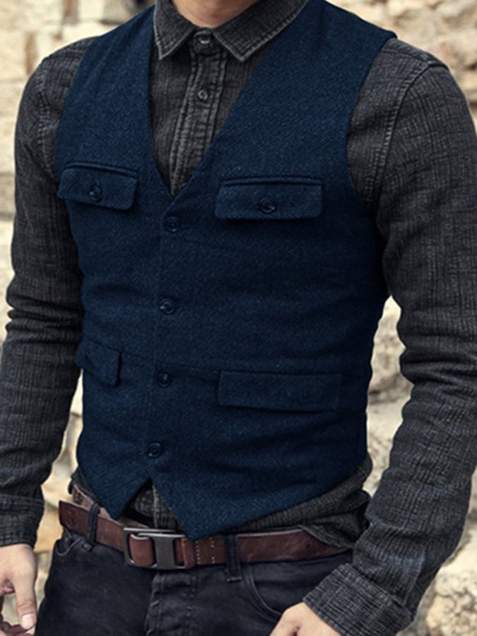 Temperament Men's Retro Single-Breasted Slim Wool Vest Vest