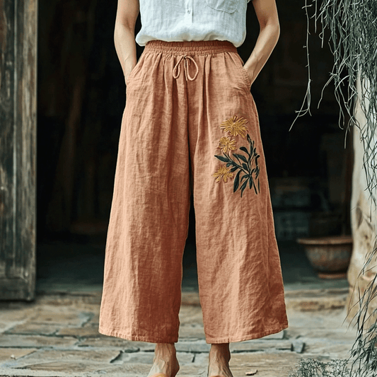 Women's Linen Bohemian Cropped Wide-leg Simple Casual Cropped Pants