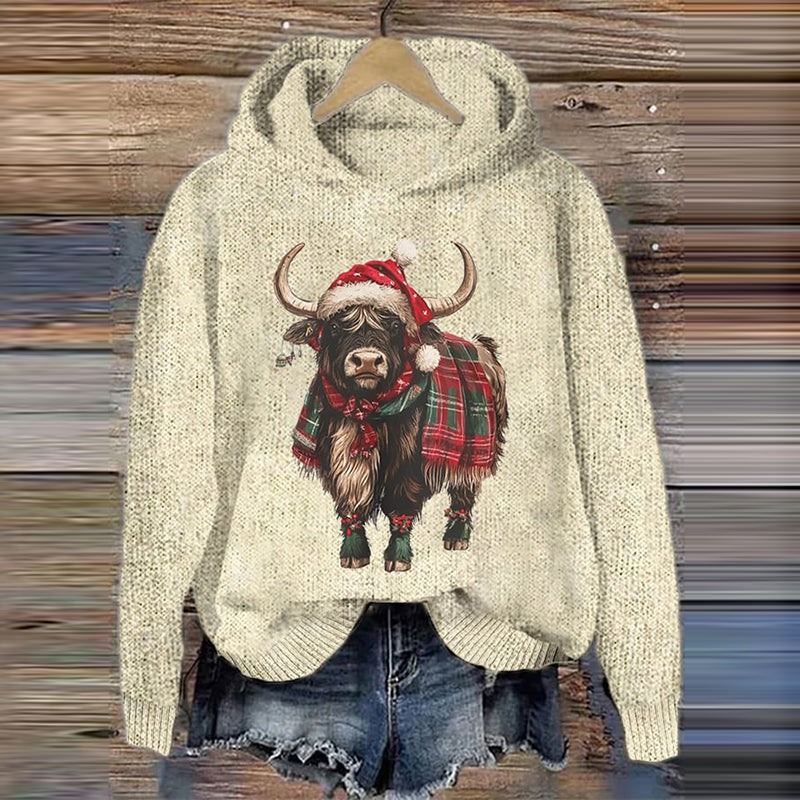 Women's Christmas Highland Cow Print Knit Hooded Sweater