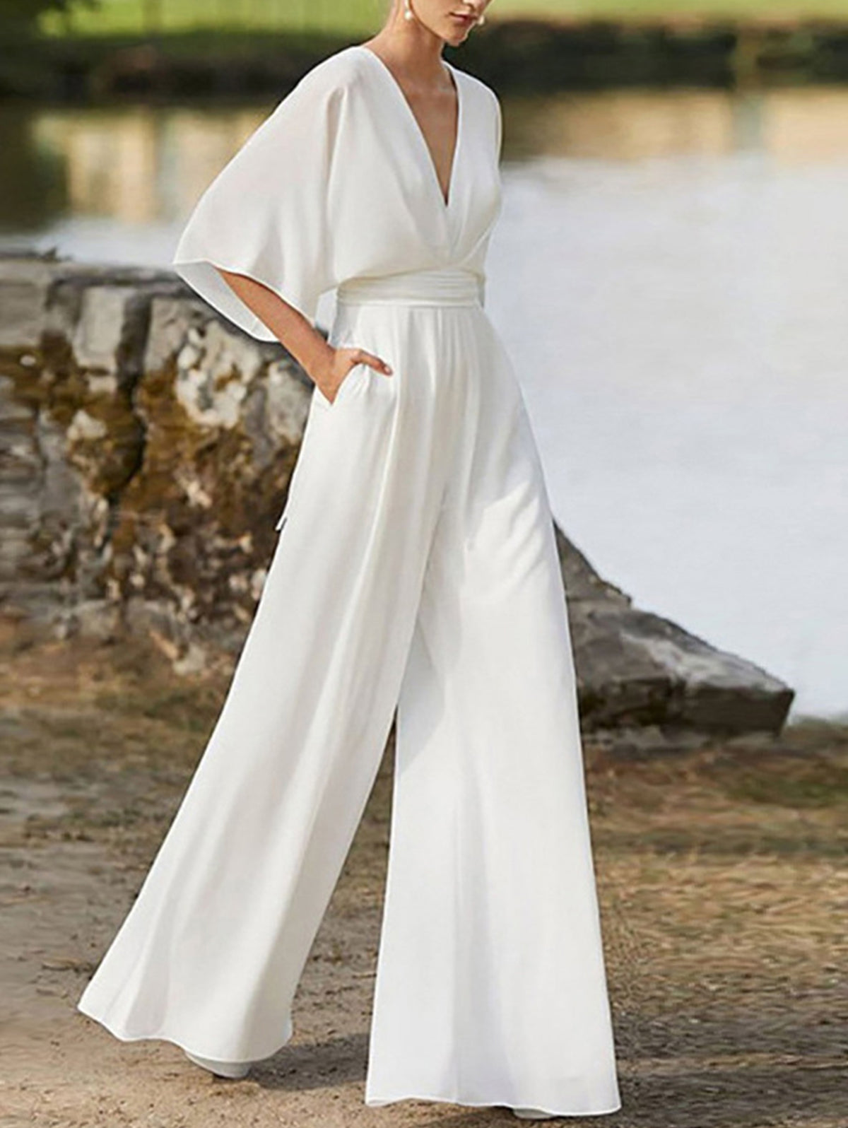 Elegant Deep V Neck Plain Half Sleeve High Waist Wide Leg Jumpsuit