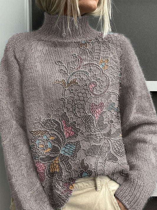 Vintage Floral Art Print Knit Turtleneck Pullover Sweater