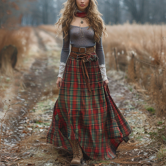 Women's Retro Plaid Long-sleeved Long Skirt Pastoral Style Dress