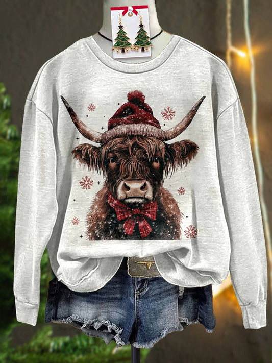 Christmas Highland Cow Print Casual Sweatshirt