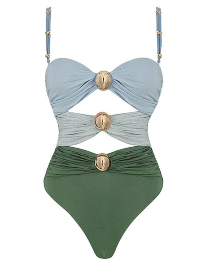 Color Block Cutout One Piece Swimsuit and Sarong