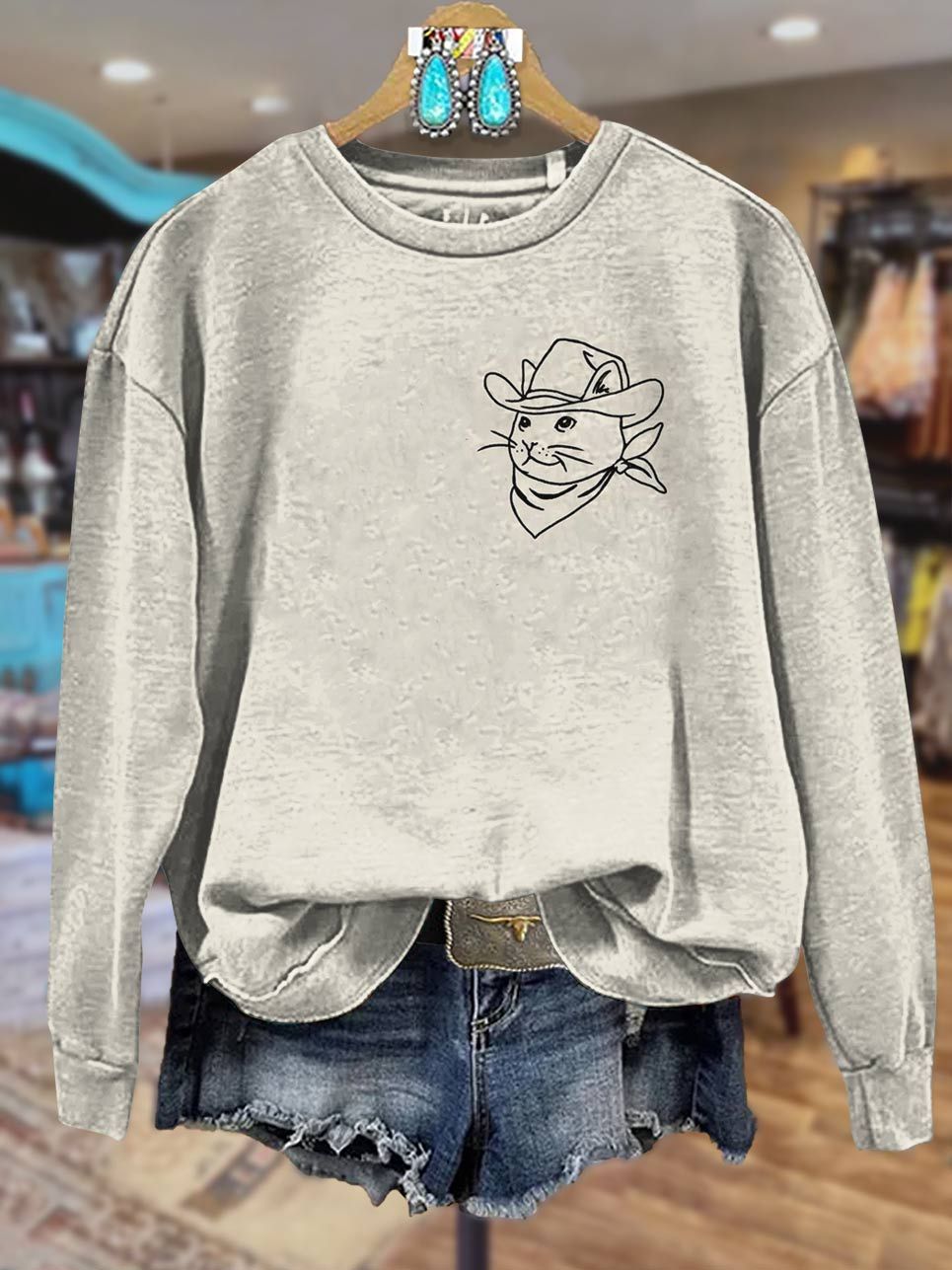 Cat Cowboy Print Casual Sweatshirt