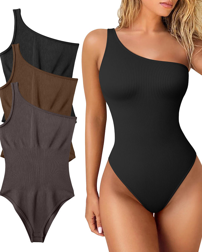 Threaded One Shoulder Sleeveless Tank Top Tight Stretch Bodysuit