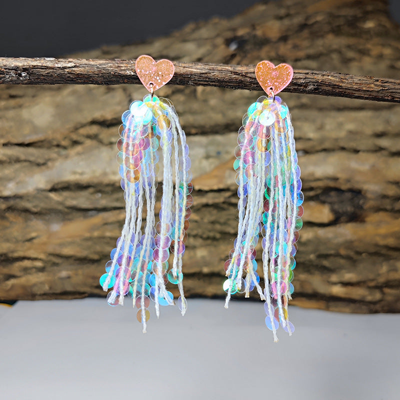 Valentine's Day Shiny Laser Sequin Love Tassel Earrings