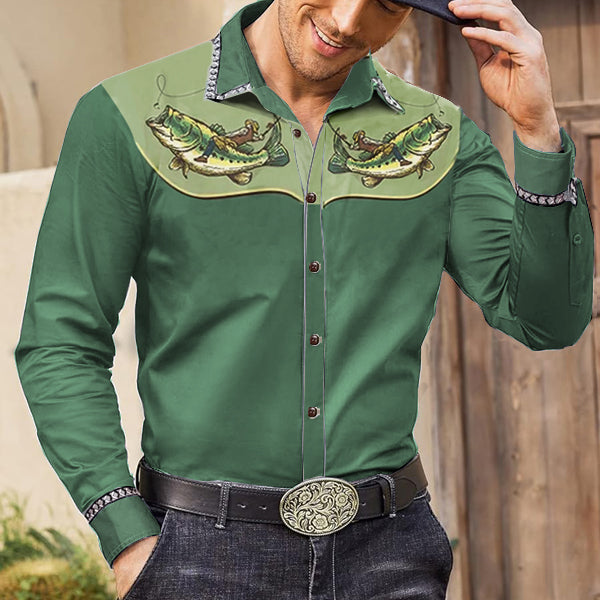 Men's Western Cowboy Fishing Print Long Sleeved Shirt