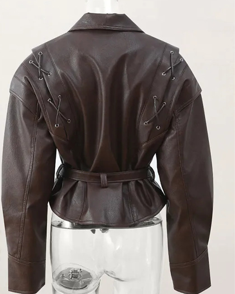 Lapeled Leather Jacket With Long Sleeves