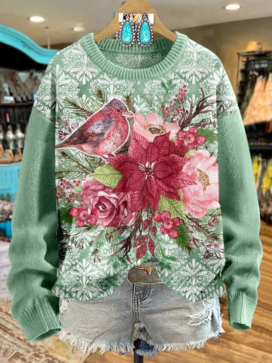 Flower Print Knit Pullover Sweater