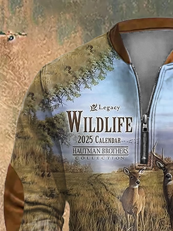 Men's Vintage Outdoor Deer Hunting Print Zip-Neck Sweatshirt