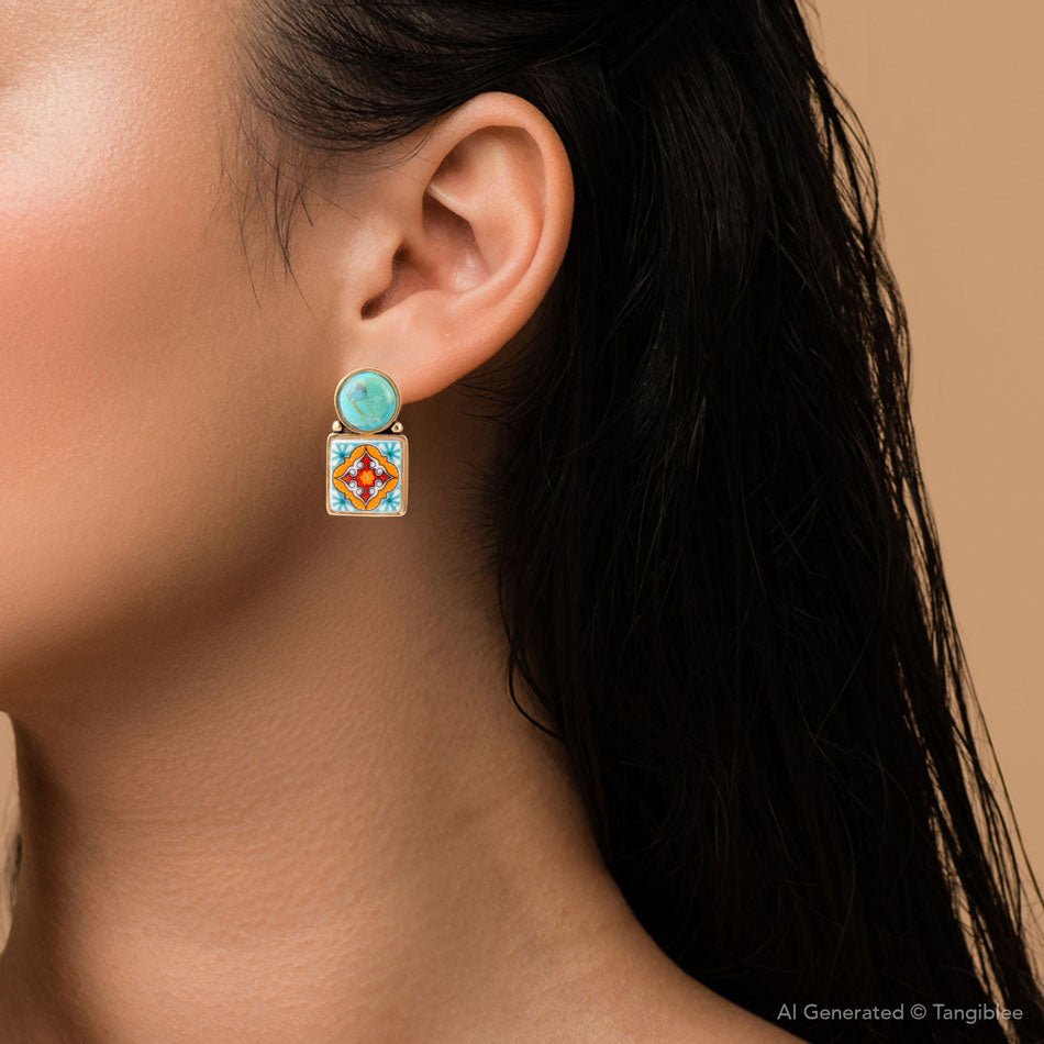 Barse Talavera Tile Blue Turquoise Golden Drop Earrings