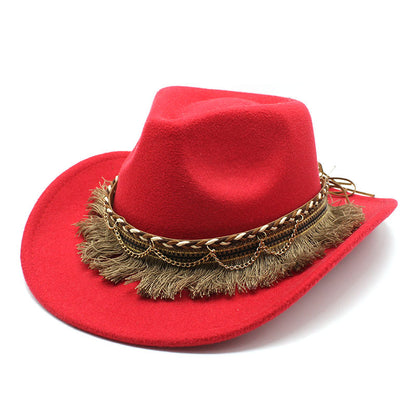 Unisex Fall Vintage Western Cowboy Woolen Tassel Sun Protection Wide Brim Hat