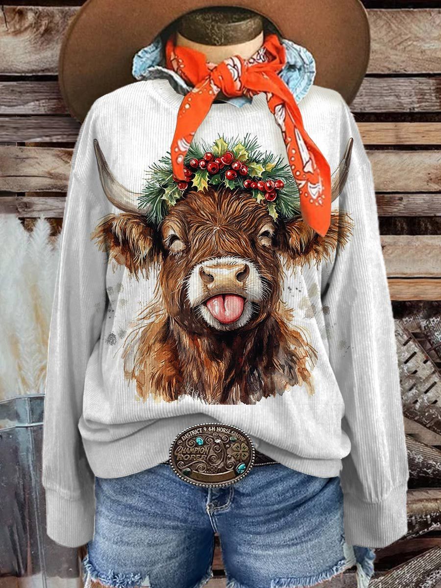 Women's Christmas Highland Cow Casual Print Corduroy Sweatshirt