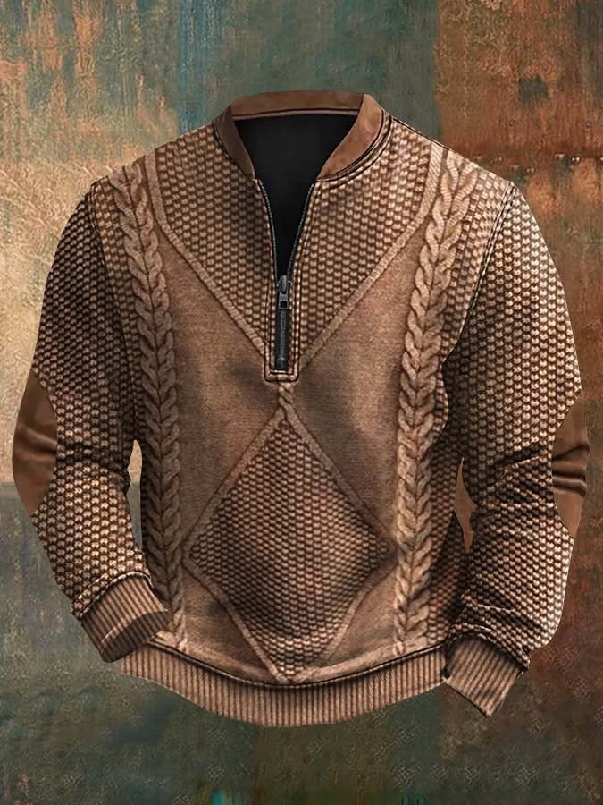 Men's Vintage Western Knit Print Zipper Stand Collar Casual Sweatshirt