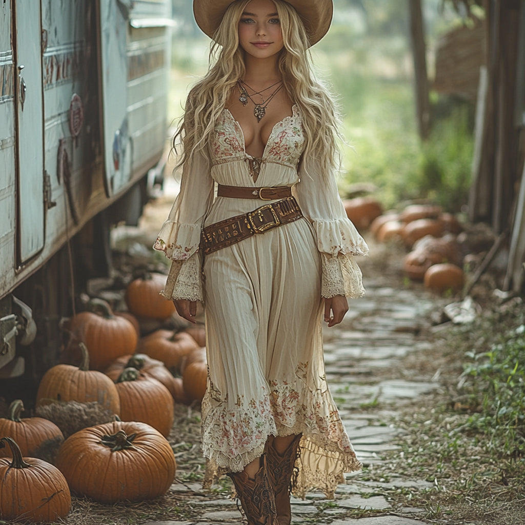 Vintage Cowgirl Style Halloween Floral Dress