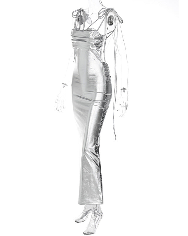 Silver Backless Suspender Long Pleated Slim Dress