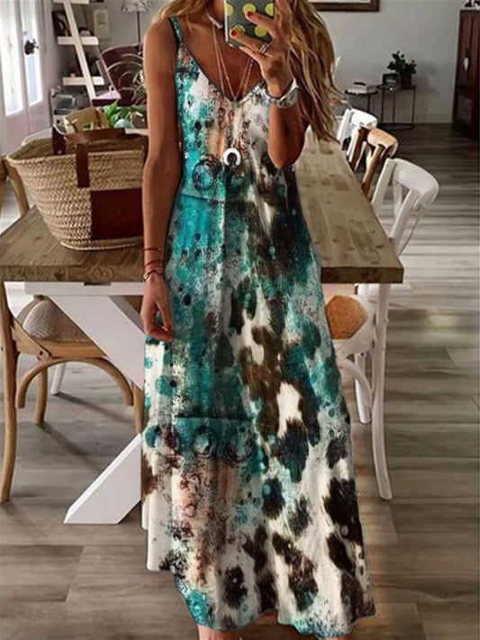 Western Turquoise Bleach Cowhide Cami Maxi Dress