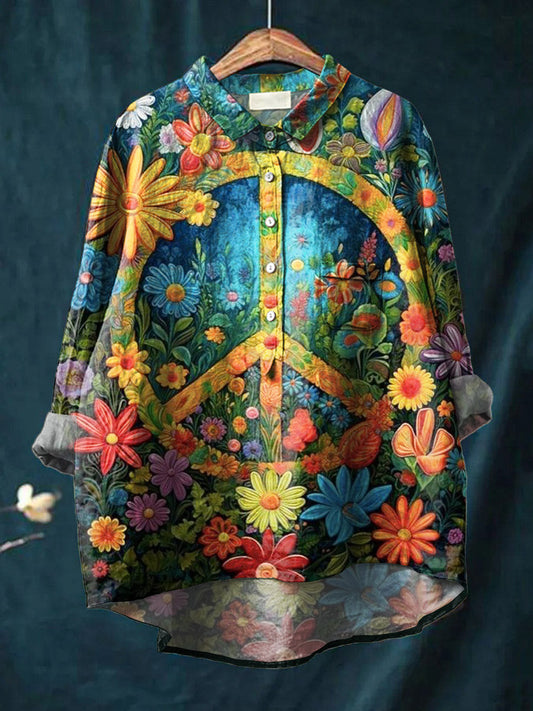 Vintage Peace And Love Floral Art Print Casual Cotton And Linen Shirt