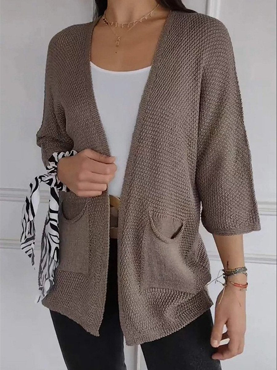 Women's Waffle Grid Texture Nine Quarter Sleeve Casual Cardigan Jacket