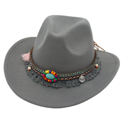 Men's Vintage Western Ethnic Tassels Cowboy Hat Knight Woolen British Felt Hat