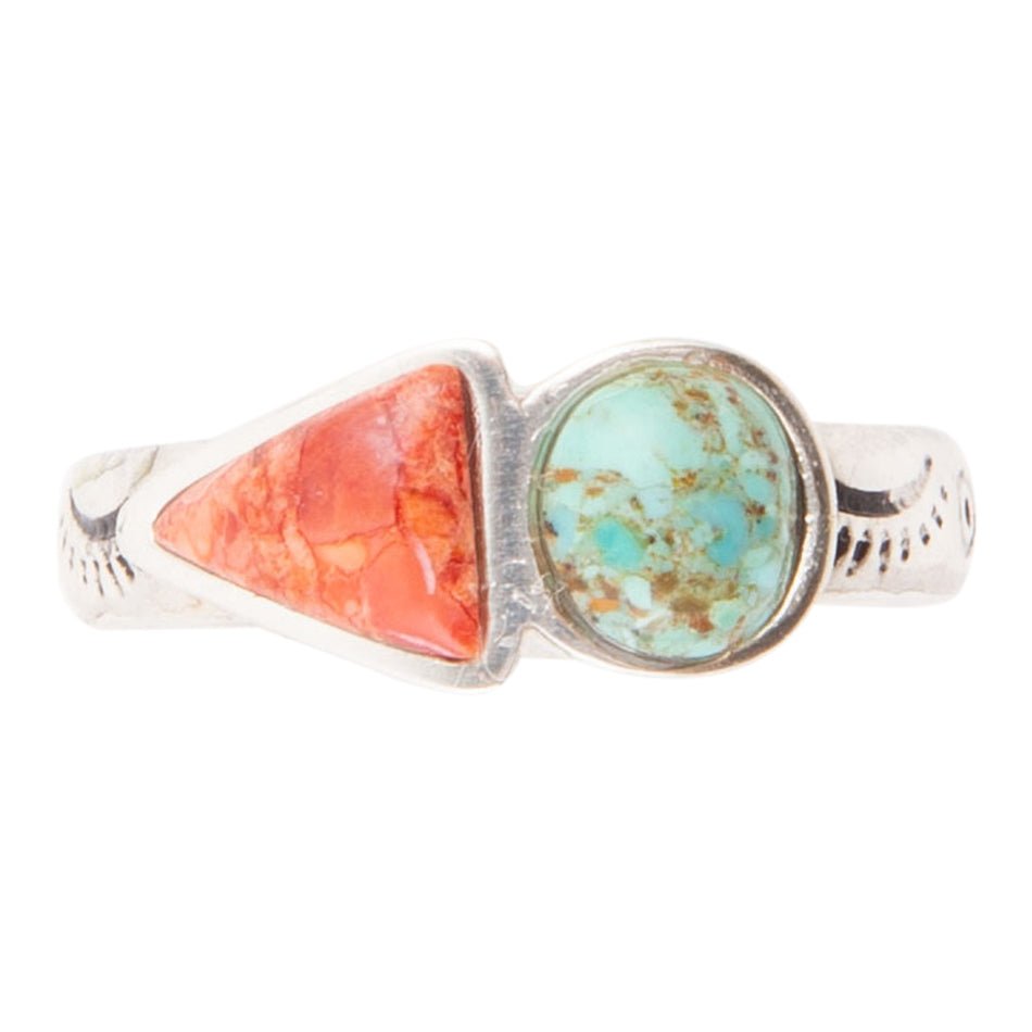 Turquoise and Coral Duo Sterling Silver Ring