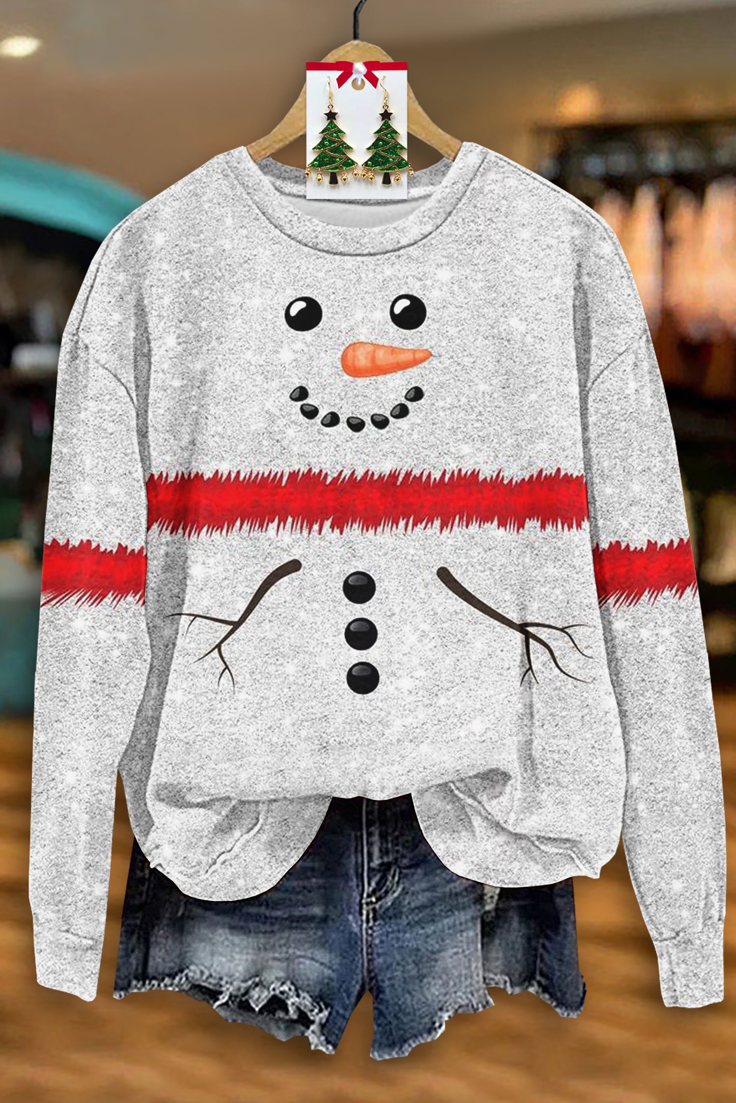 Cute Christmas Snowman Print Long Sleeve Sweatshirt