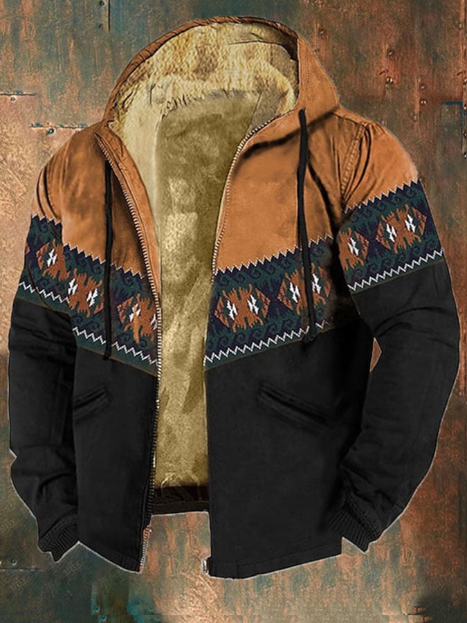 Men'S Retro Western Print Cotton Zipper Outerwear