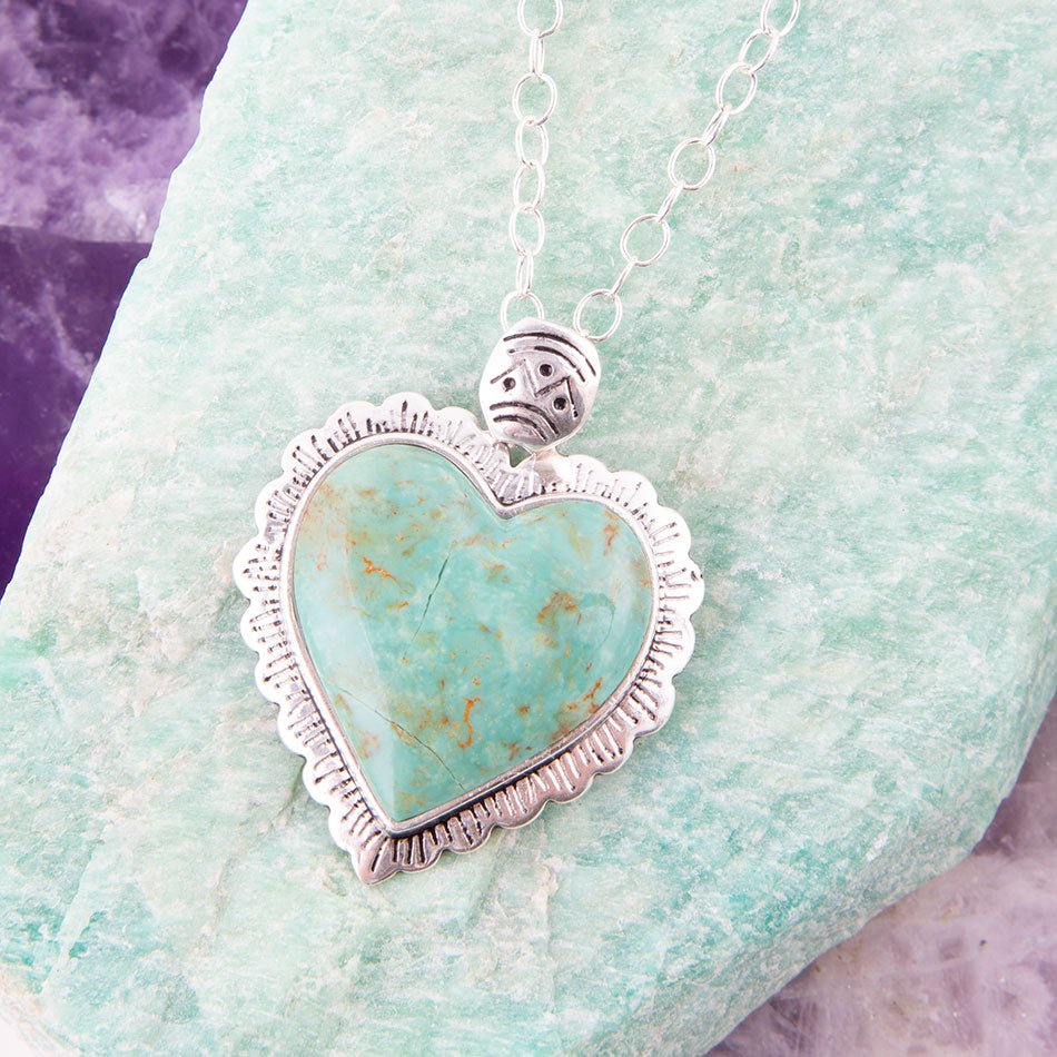 Green Turquoise Heart and Sterling Silver Necklace