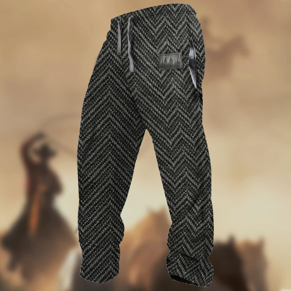 Men's Retro Western Pine Bark Label Herringbone Fabric Print Casual Sweatpants