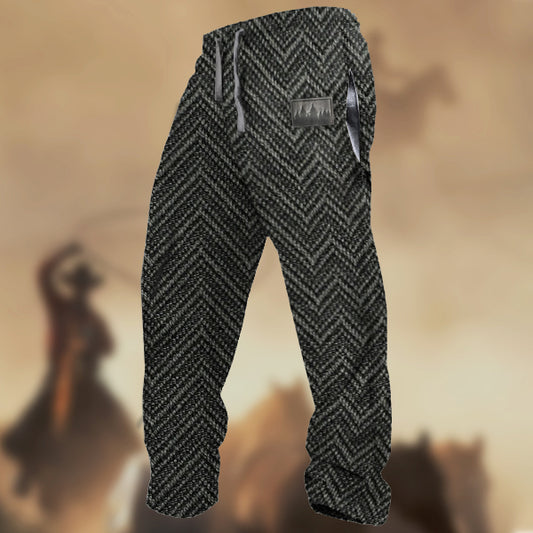 Men's Retro Western Pine Bark Label Herringbone Fabric Print Casual Sweatpants