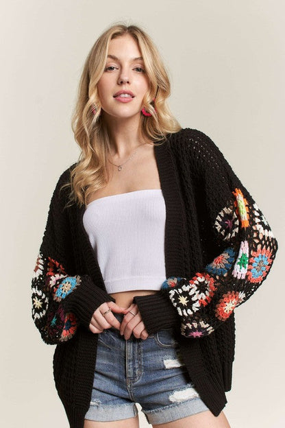 ADORA Full Size Contrast Crochet Open Front Long Sleeve Cardigan Plus Size