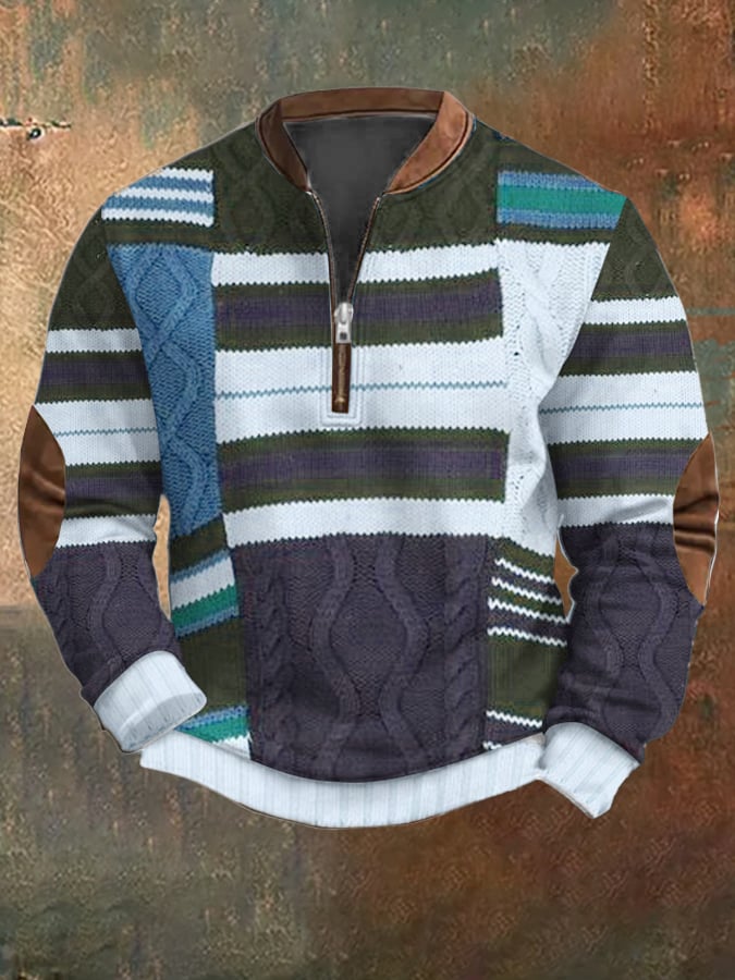 Men's Vintage Knit Print Zip-Up Sweatshirt