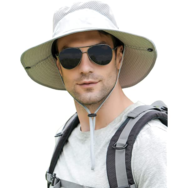 Mens Womens Sun Hat Wide Brim Breathable Mesh UPF 50+ Waterproof Fishing Hat Safari Hat Foldable Boonie Cap A-khaki